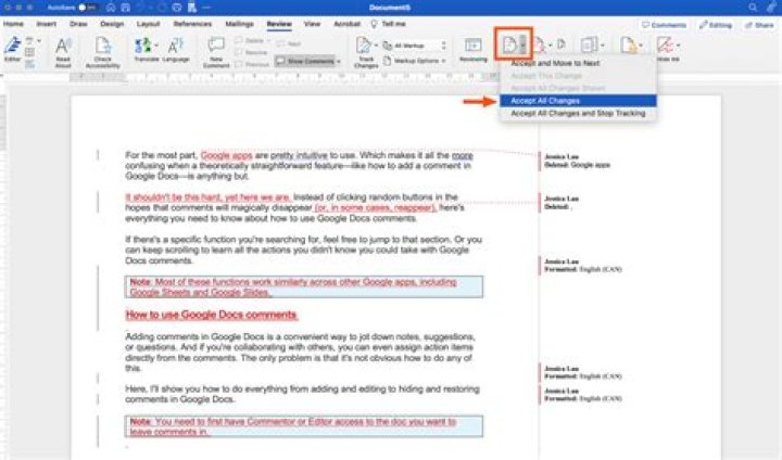 How do I accept all changes in Word for Mac?