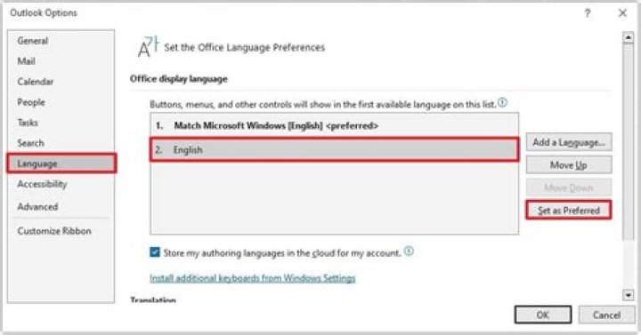 How do I change the language to English in Outlook?