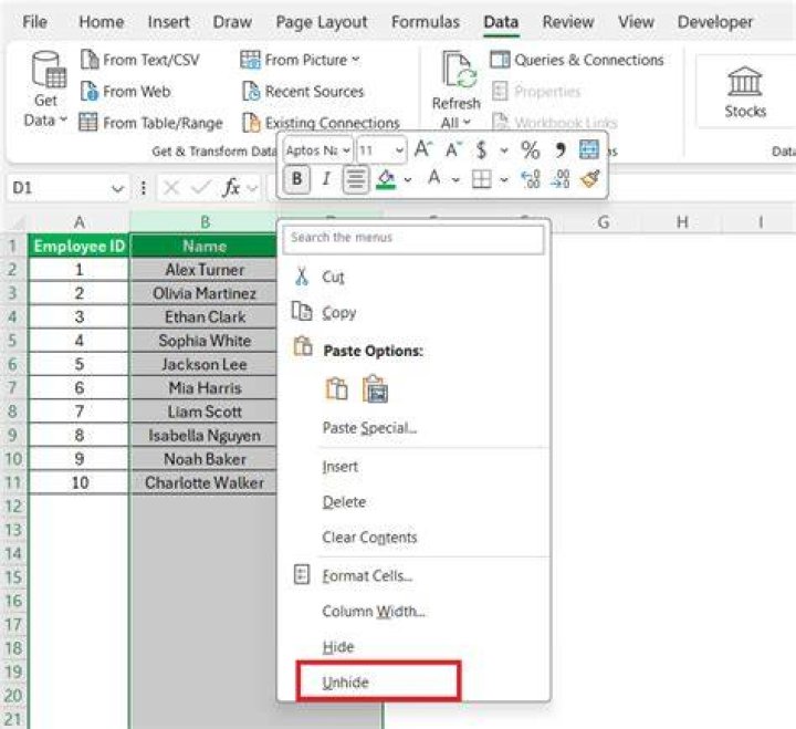 How do I hide columns in Excel without a mouse?
