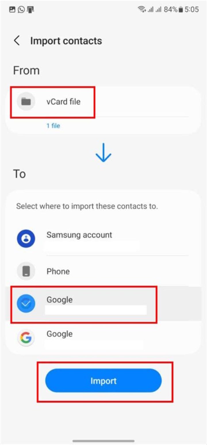 How do I import contacts into vCard?