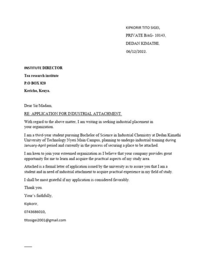 How do you write an application letter for industrial attachment?