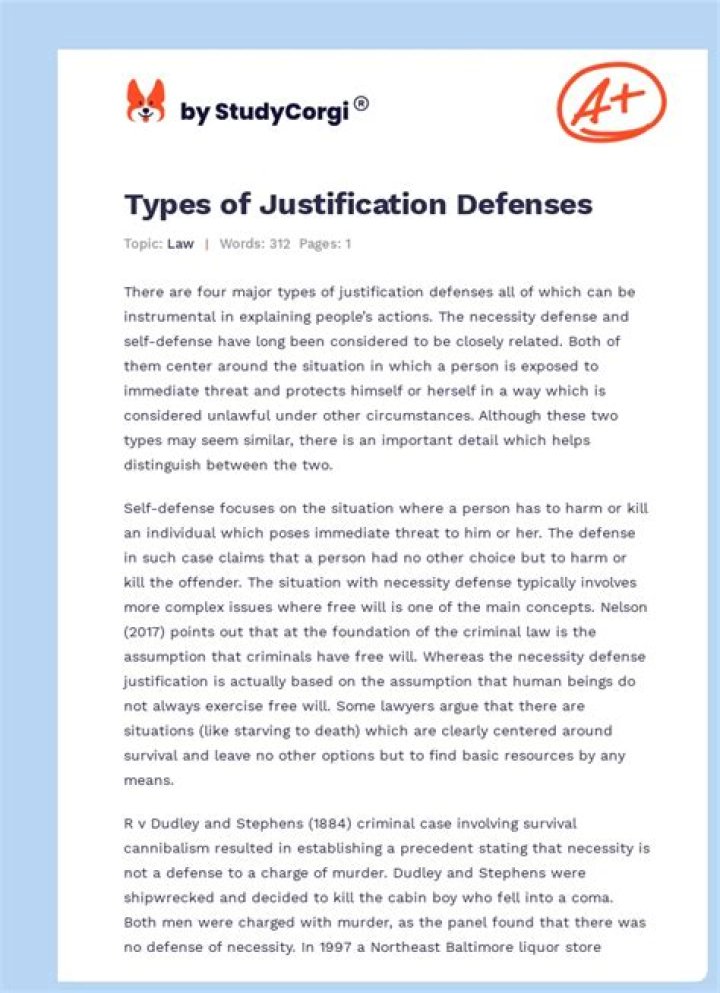 What are the five types of justification defenses?