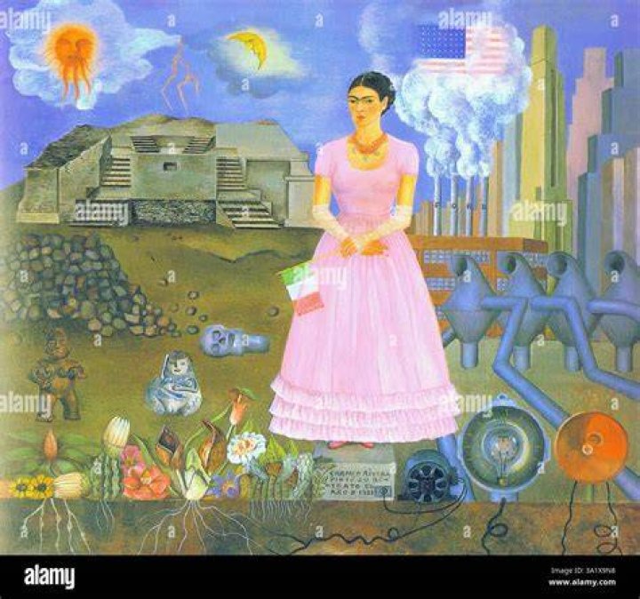 What statement is Frida Kahlo making in Frida on the border between the US and Mexico?