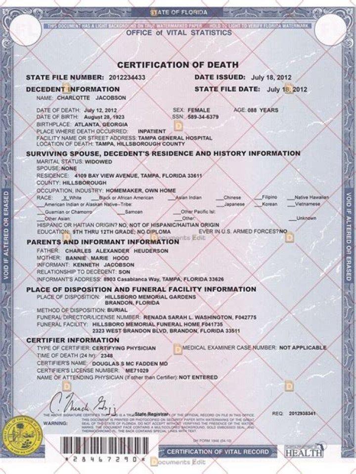 Where can I get a certified copy of a death certificate in Florida?